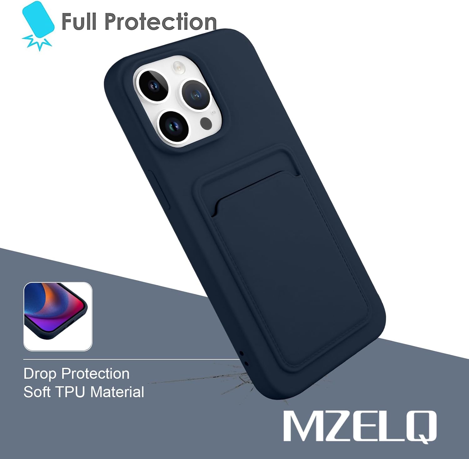 MZELQ Funda de silicona compatible con iPhone 15 Pro Max, funda protectora para cámara con tarjetero + protector de pantalla, funda con ranura para