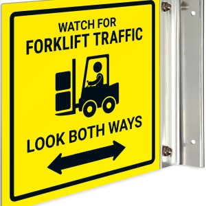 Watch For Forklift Traffic Look Both Ways Projecting Sign, doble cara, 6×6 pulgadas, ACM, con accesorio de níquel cepillado, fabricado en EE. UU Watch For Forklift Traffic Look Both Ways Projecting Sign, doble cara, 6×6 pulgadas, ACM, con accesorio de níquel cepillado, fabricado en EE. UU