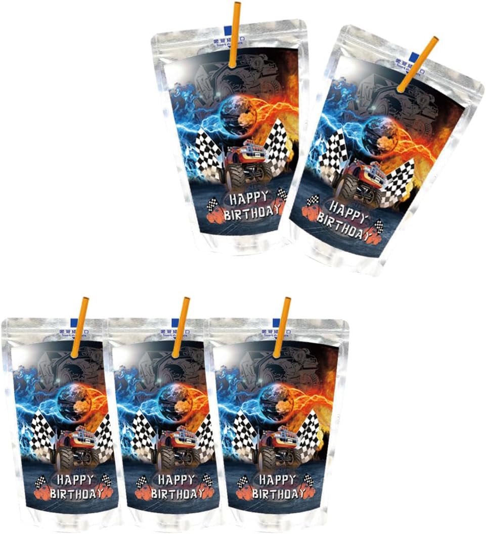 Suministros para fiesta de cumpleaños de Monster Truck, 24 piezas de calcomanías para bolsas de jugo de camión monstruo, calcomanías de decoración
