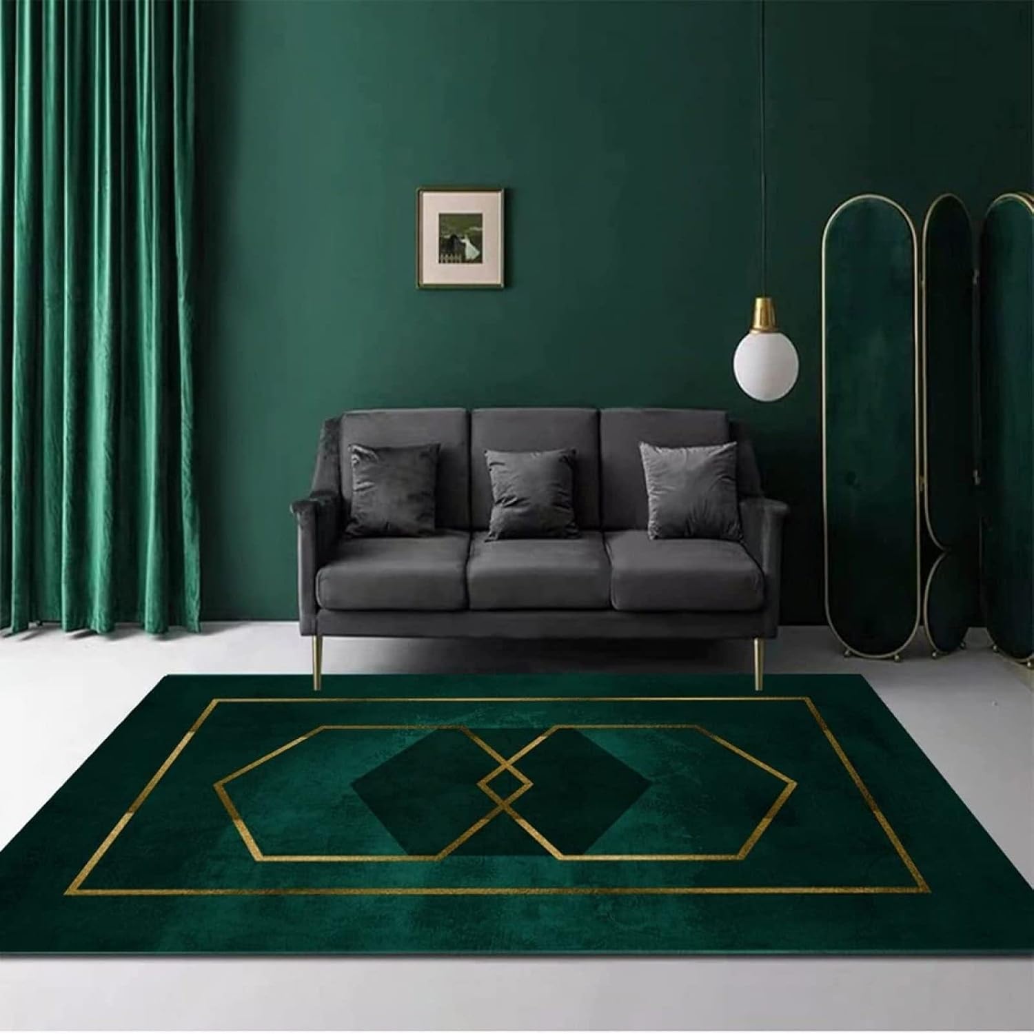 Alfombras abstractas de línea de arte verde dorado, alfombra retro ovalada ovalada geométrica suave lavable, alfombra de tapicería con respaldo