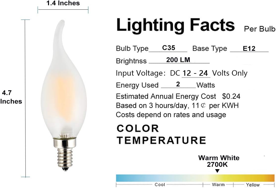 Bombilla LED de bajo voltaje DC 12V 2W para candelabro de 12V-24V CC, 12V CA, color de luz blanca cálida 2700K, base pequeña E12, reemplazo