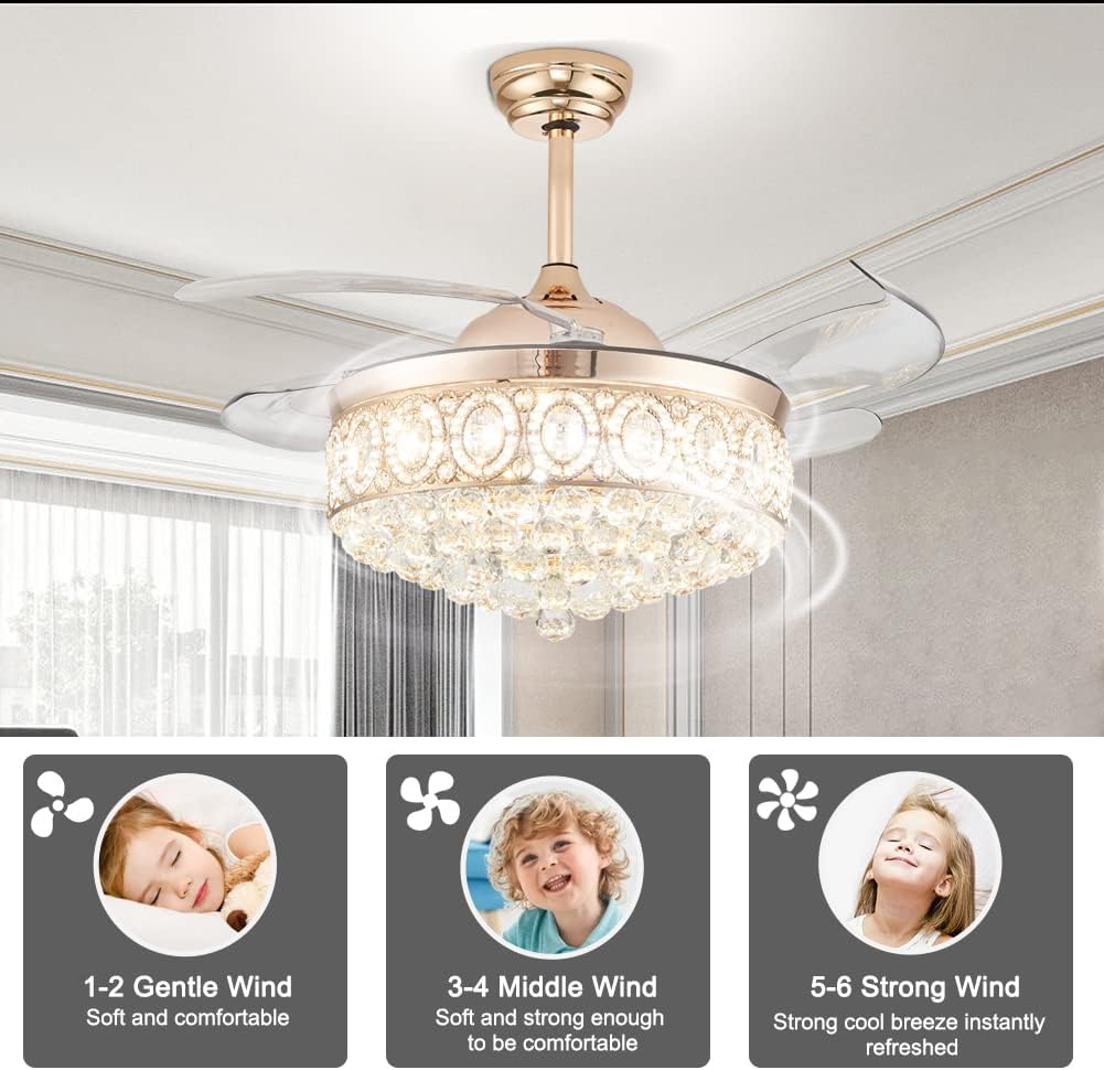 Ventiladores de techo de cristal de 42 pulgadas con luces, moderno ventilador de techo LED regulable con control remoto de hoja retráctil, 6