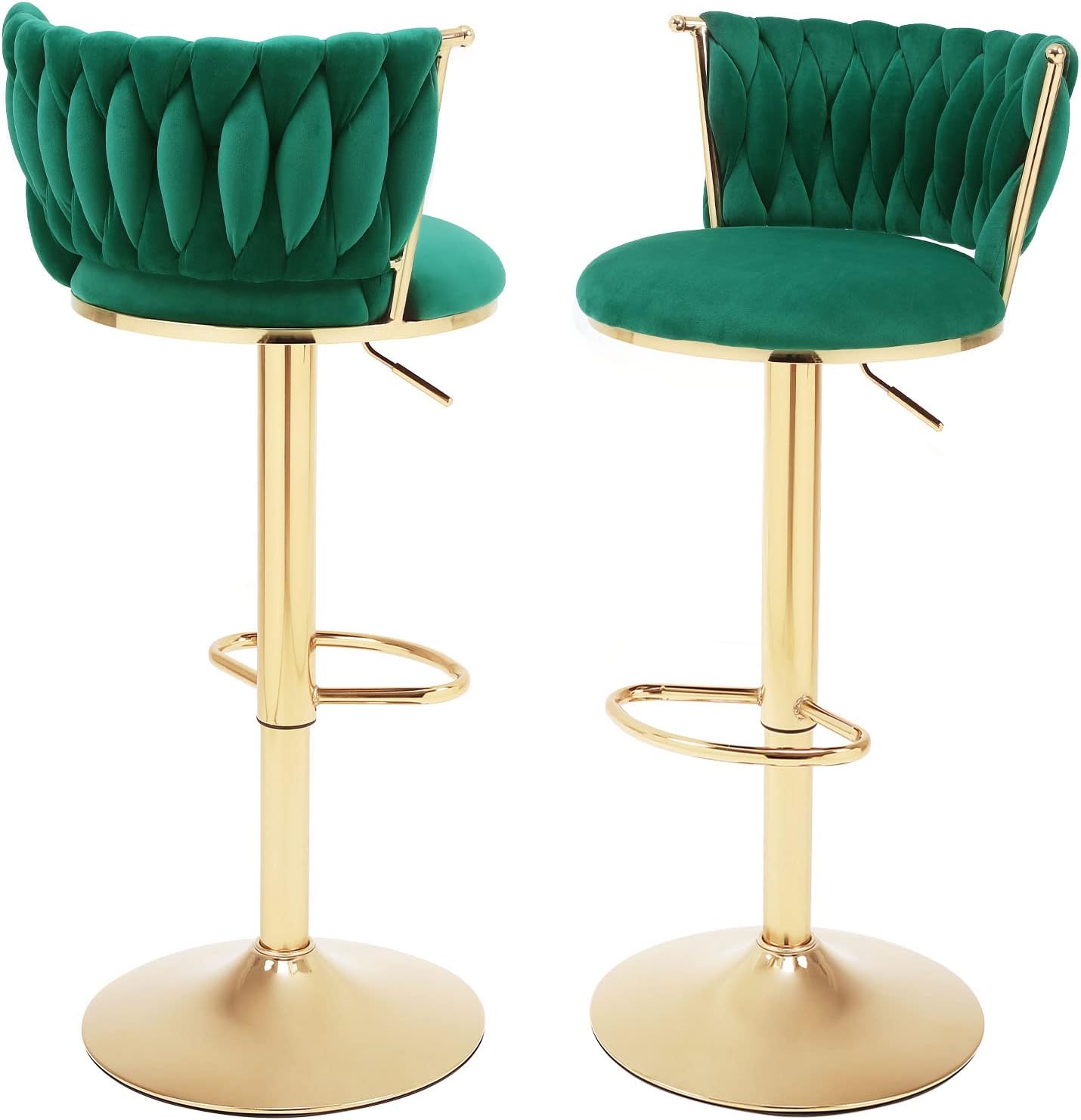 Juego de 2 taburetes de bar giratorios de terciopelo, modernos taburetes de bar de altura ajustable de 24 pulgadas con respaldo tejido y reposapiés,