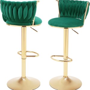 Juego de 2 taburetes de bar giratorios de terciopelo, modernos taburetes de bar de altura ajustable de 24 pulgadas con respaldo tejido y reposapiés, Juego de 2 taburetes de bar giratorios de terciopelo, modernos taburetes de bar de altura ajustable de 24 pulgadas con respaldo tejido y reposapiés,