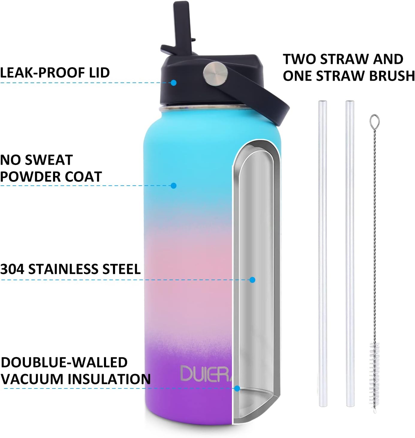 DUIERA Botella de agua de acero inoxidable con popote aislado para bebidas frías, con popote y tapa, botella de agua térmica al vacío para mujer, a