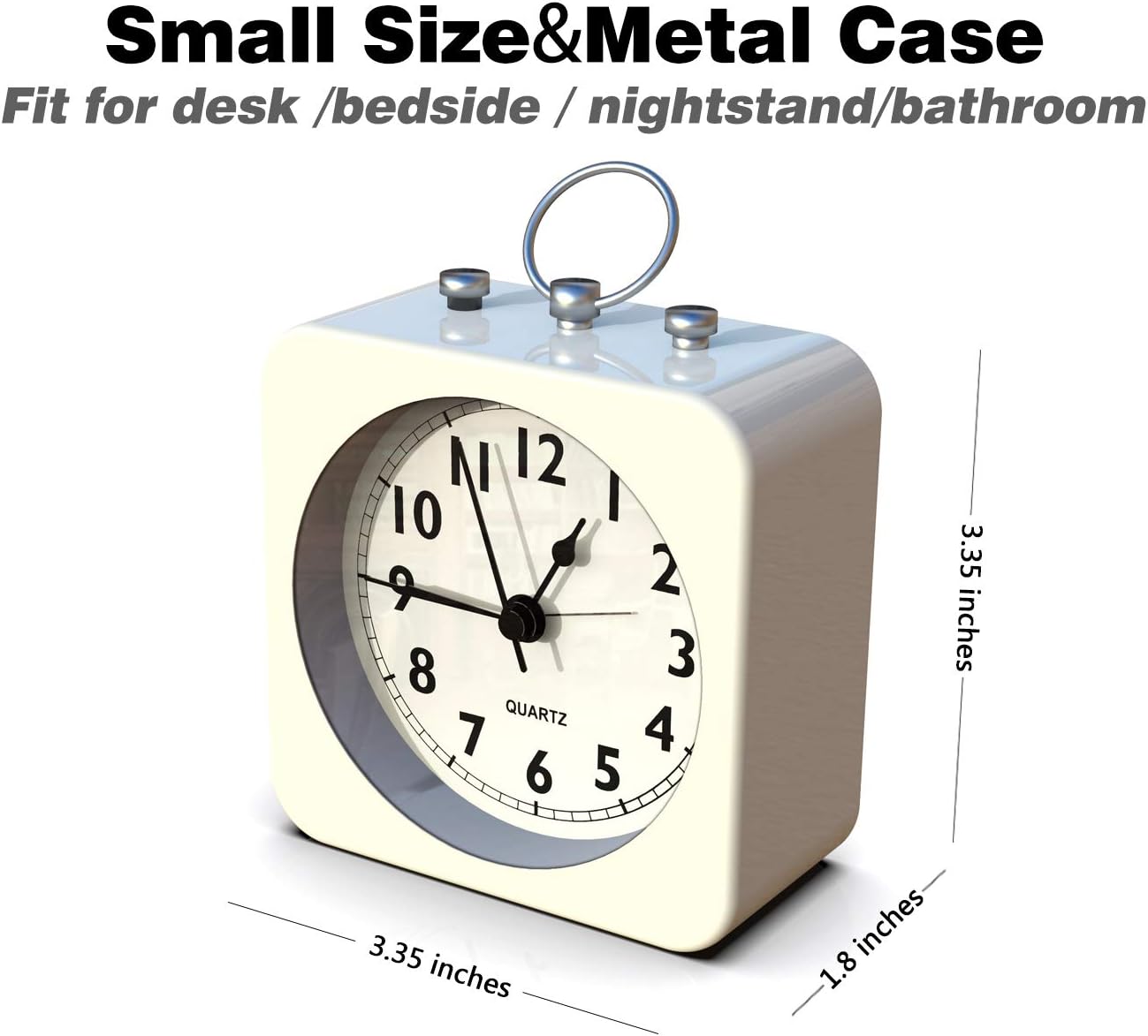 AYRELY Reloj despertador a pilas con caja cuadrada de metal, cuarzo analógico sin tictac, operación simple para dormitorio, viajes, escritorio,