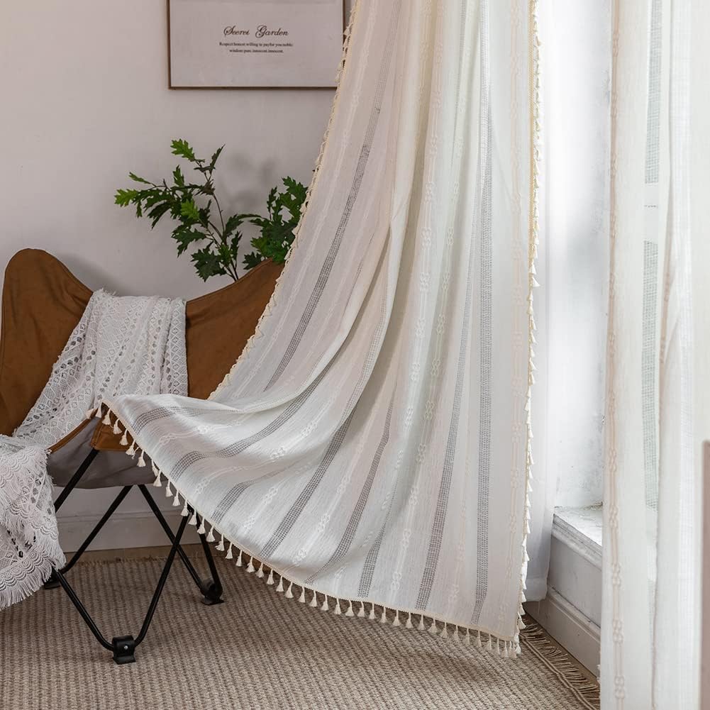 TOPSMCHER Cortinas bohemias para sala de estar, 63 pulgadas, cortinas filtrantes para dormitorio, cortinas rústicas de lino de algodón con bordado,
