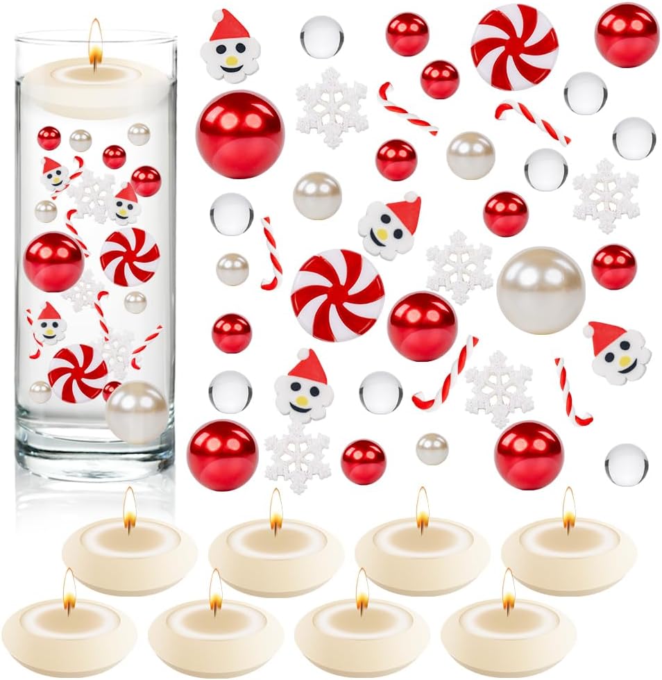 4136 perlas de relleno de jarrón de Navidad para rellenos de jarrones, velas flotantes con 8 velas flotantes, cuentas de geles de agua para Navidad,