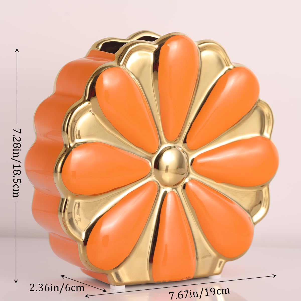 Florero de cerámica naranja y dorado para flores, hierba de pampas, jarrón único y elegante en forma de flor para decoración de estantes, jarrón