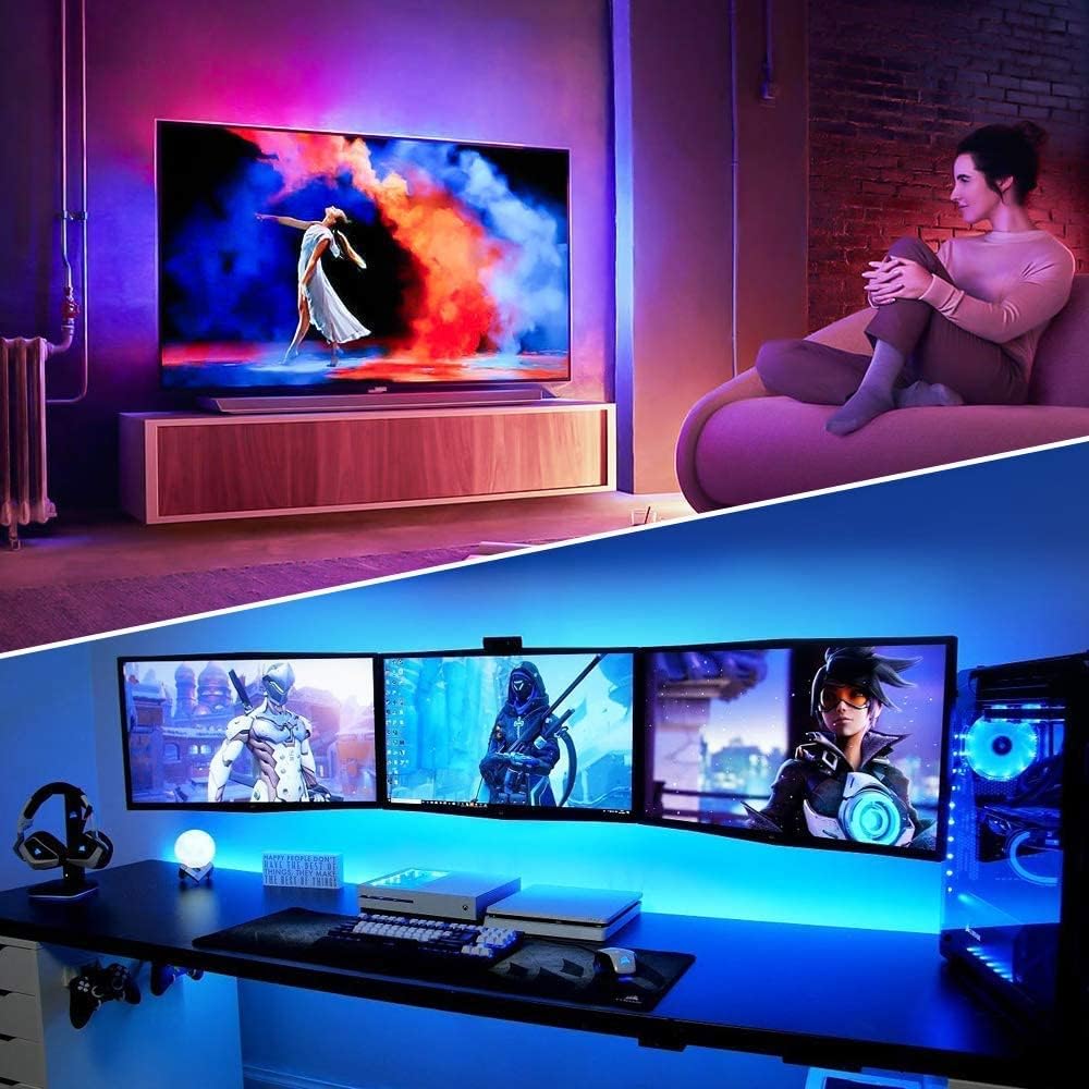 Tira de luz LED COB RGB WiFi de 12 V, 16.4 pies, con fuente de alimentación, 576 LEDsM regulable, tira LED de sincronización de música de