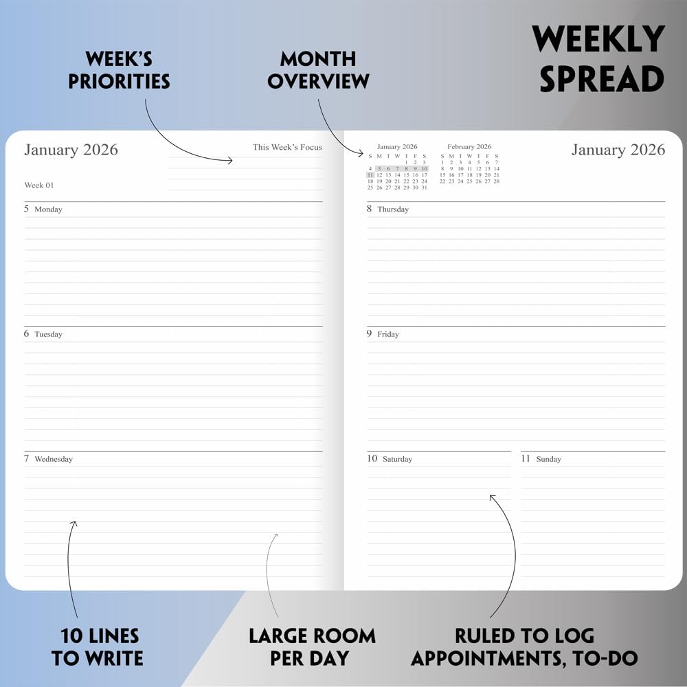 Agenda 2025-2026  Agenda semanal y mensual, octubre 2025 a diciembre 2026, cubierta de cuero vegano, cierre elástico, 7 x 9.25 pulgadas, gris