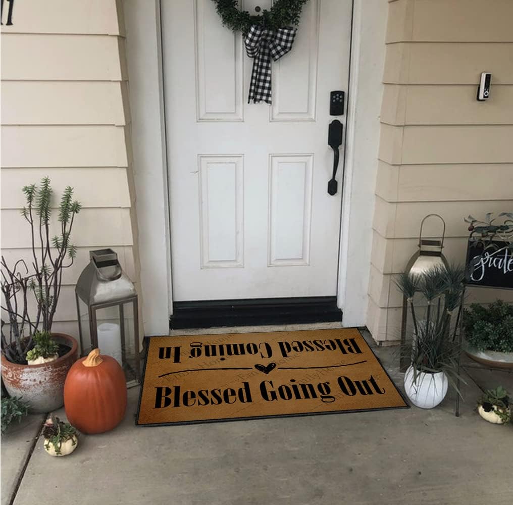 ZUYOENCO Tapete para puerta delantera, para entrada interior, con texto en inglés “Blessed Coming in Blessed Going Out”, alfombra de entrada