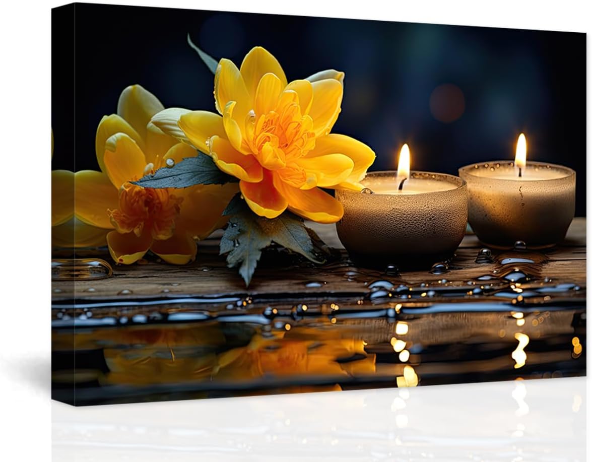 DOARTDO Lienzo zen para pared, diseño de flores amarillas y velas, pinturas de spa, marco de decoración de baño con espíritu meditativo (12.00 x