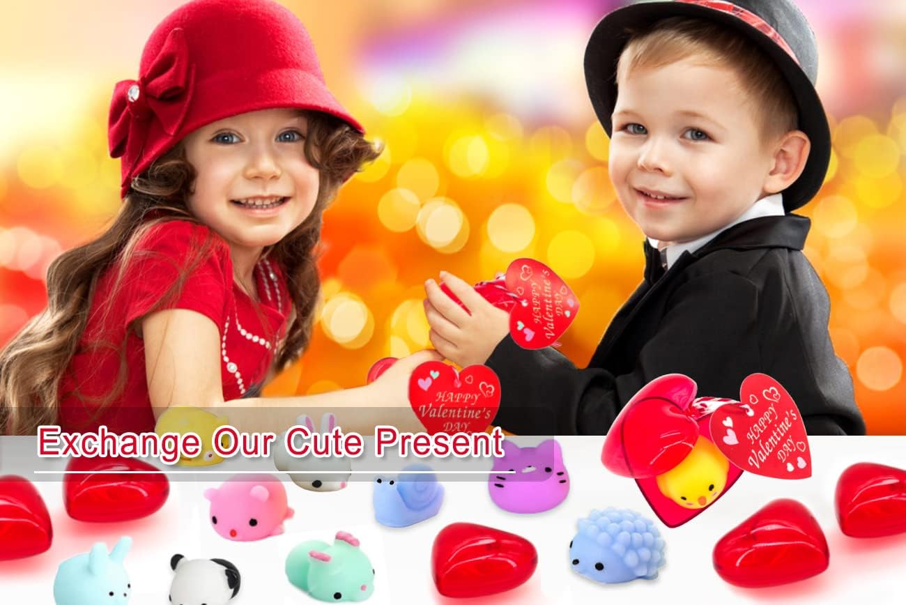 Paquete de 30 recuerdos de fiesta de San Valentín para niños, 30 juguetes esponjosos Mochi, caja de plástico de corazón rojo con tarjetas de San