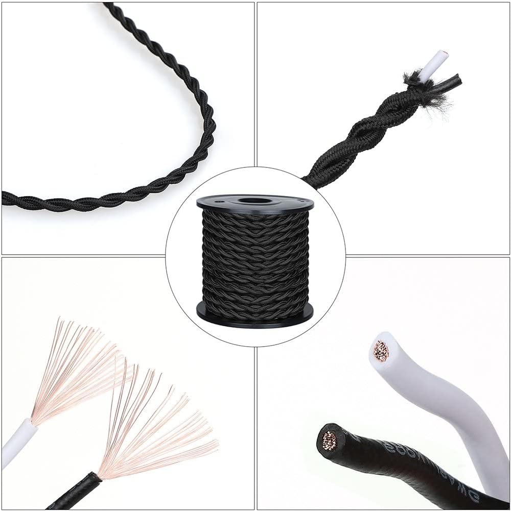 Cable de tela trenzada de 50 pies, cable electrónico industrial antiguo, calibre 18 y 2 conductores de estilo vintage, cable de tela colgante (negro)