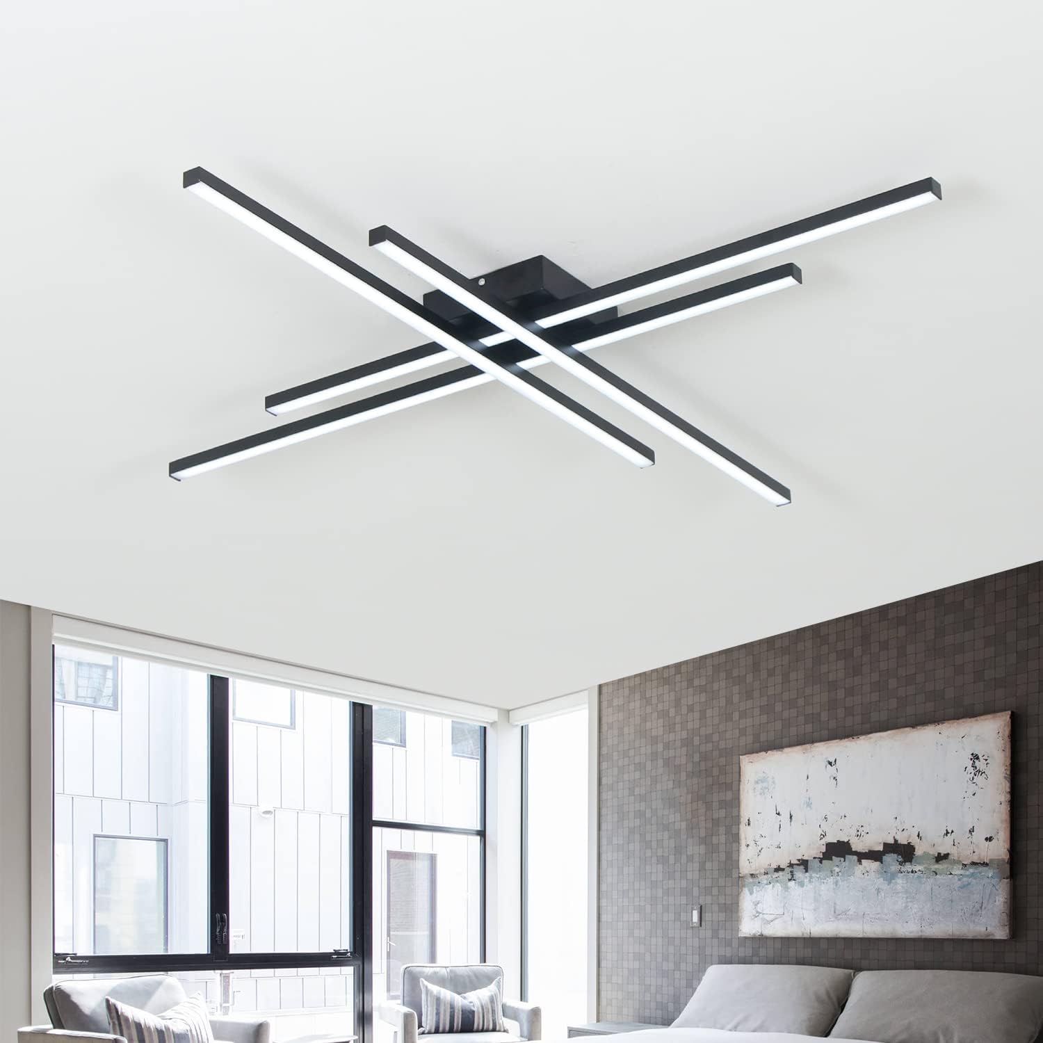 Lámpara de techo moderna con control remoto regulable LED semiempotrado negro para sala de estar, comedor, dormitorio, cerca de techo, lámpara de 38