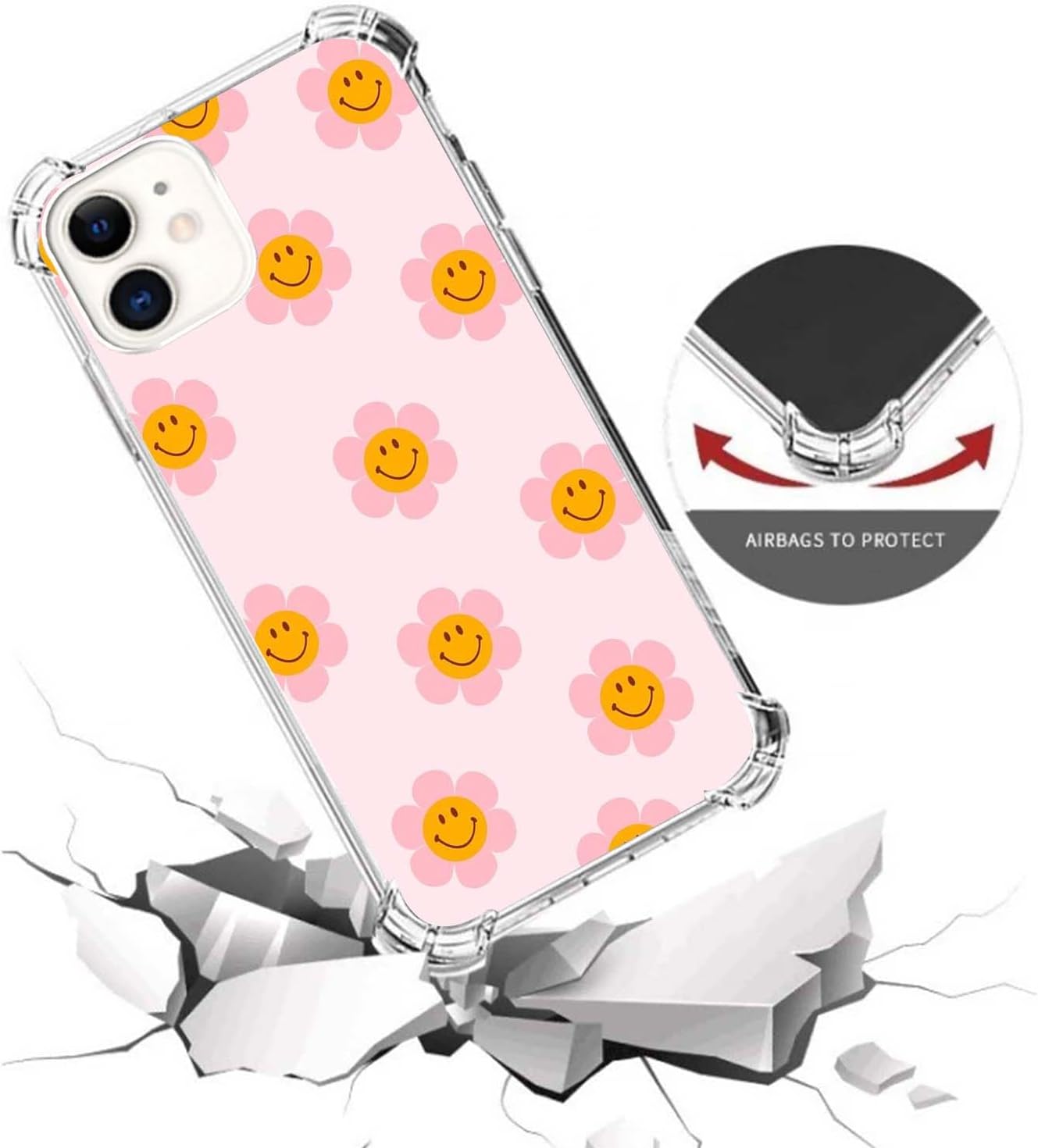 Funda para teléfono con diseño de flores sonrientes retro compatible con iPhone 12  iPhone 12 Pro, bonita funda rosa con margaritas sonrientes para