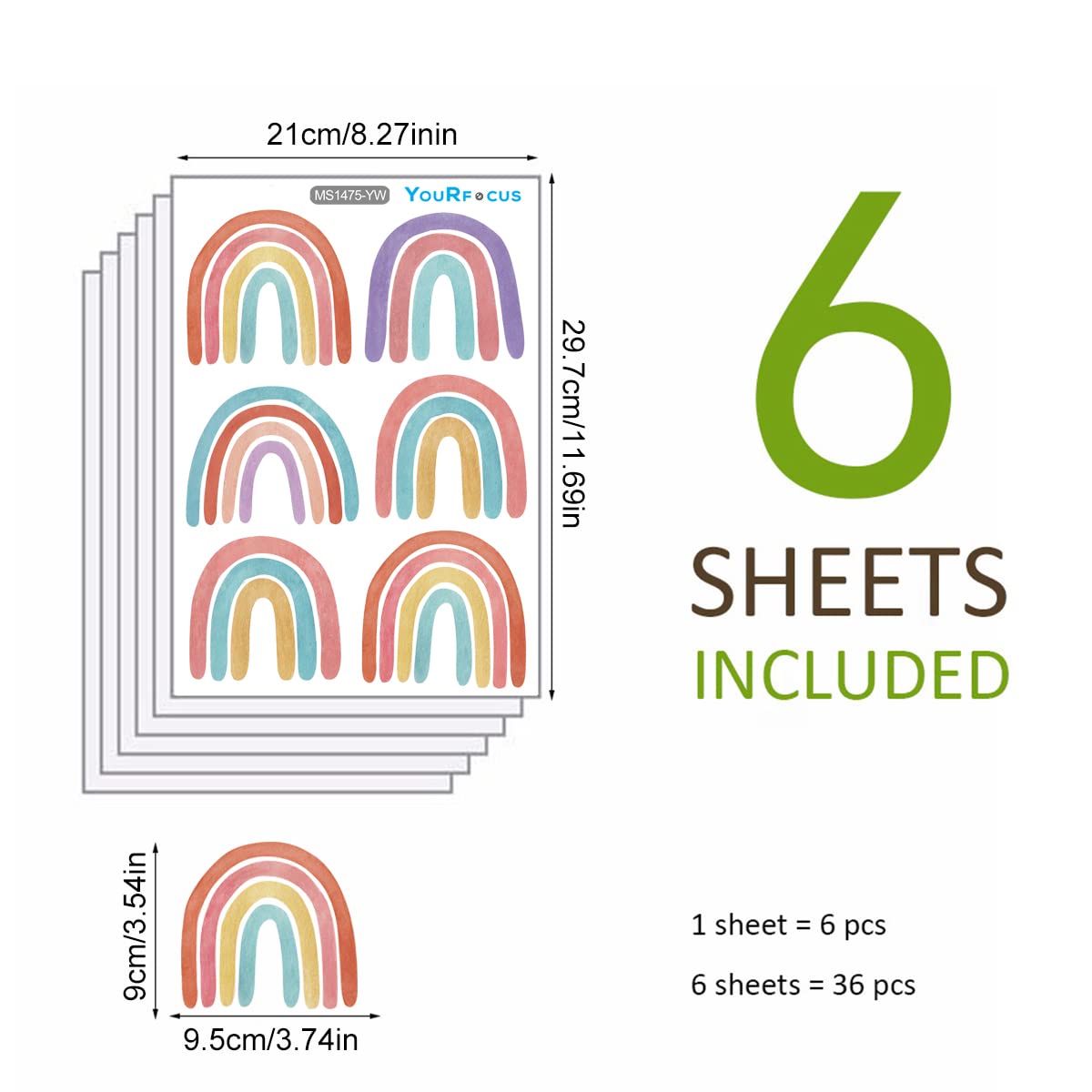 Calcomanías de pared de acuarela arcoíris para dormitorio de niñas, 36 unidades, calcomanías de arco iris de tamaño más grande para mural de pared,
