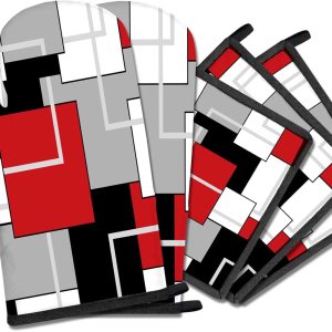 MCALK Juego de 5 guantes de horno rojos y soportes para ollas, guantes de horno negros geométricos y almohadillas calientes para cocinar en la MCALK Juego de 5 guantes de horno rojos y soportes para ollas, guantes de horno negros geométricos y almohadillas calientes para cocinar en la