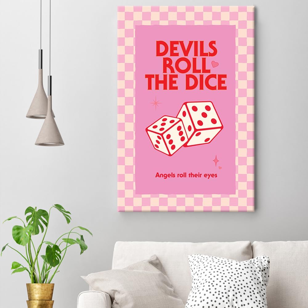 Bittiler Pósteres retro rosados de los diablos enrollados con los dados, números de la suerte, 6 lienzos, impresiones artísticas coloridas y lindas