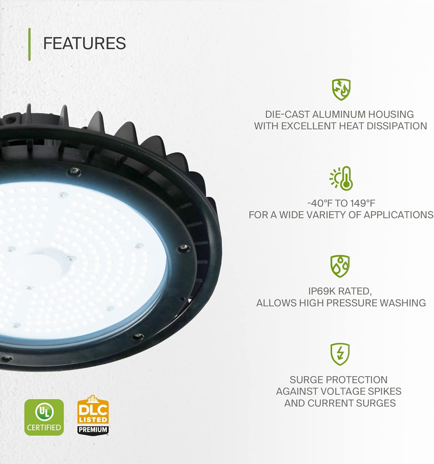 ASD UFO LED High Bay Light 150w 19,479lm 5000K, 1-10V regulable, 120-277V, luz de área de almacén comercial impermeable IP69K Eqw.500W MHHPS, cuerda