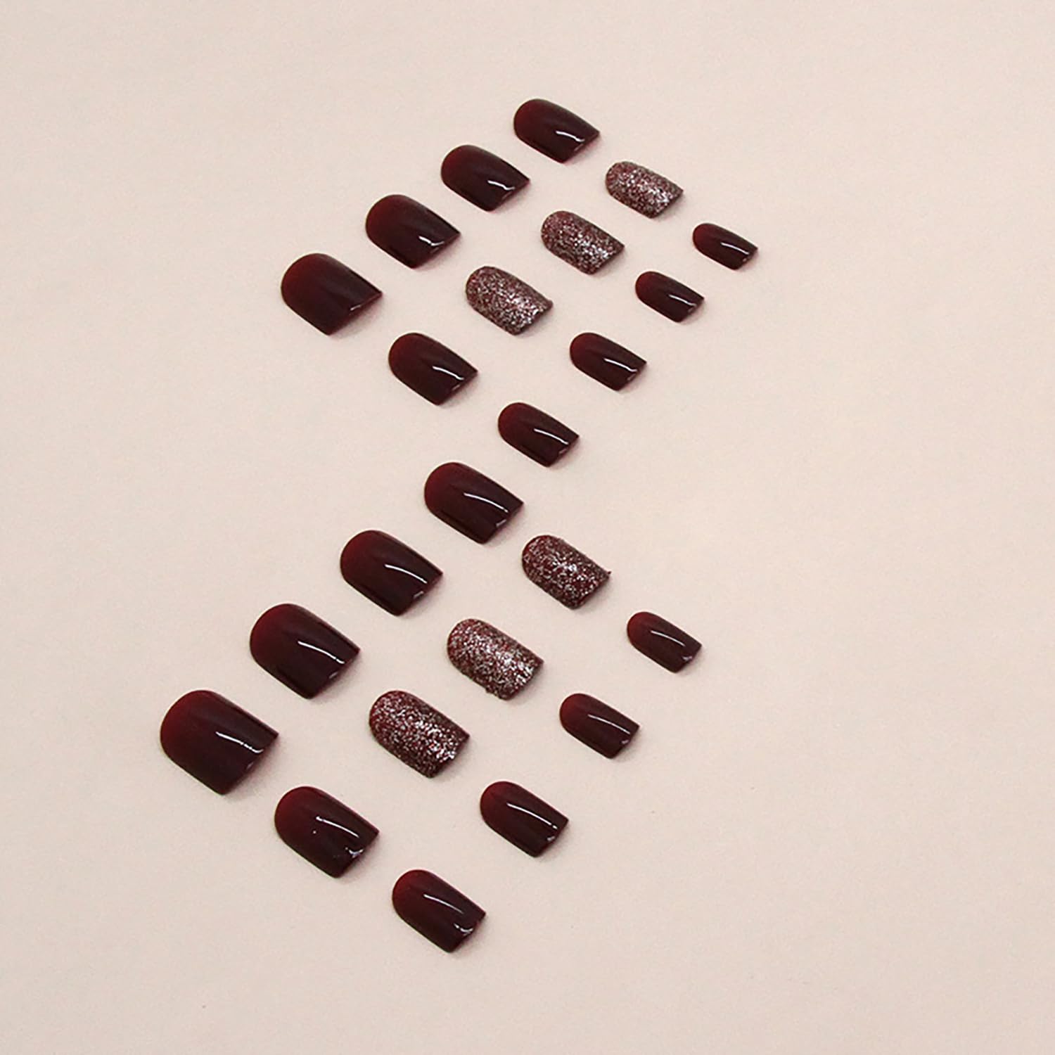 24 uñas postizas cuadradas cortas a presión, color rojo vino, uñas postizas con diseños, uñas acrílicas con purpurina, uñas con pegamento brillante