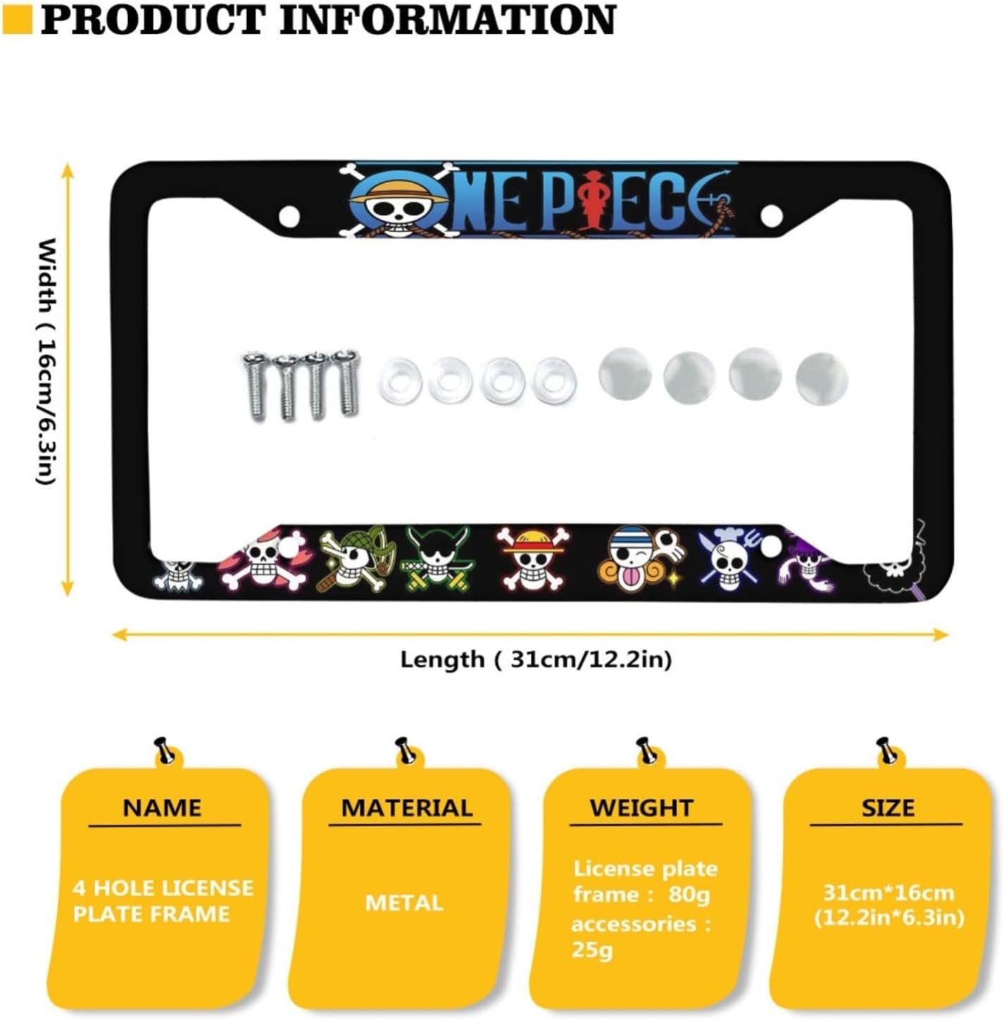 Juego de 2 marcos de matrícula de anime, juego de 2 fundas de matrícula de dibujos animados, diseño compuesto de aluminio de calidad, accesorios