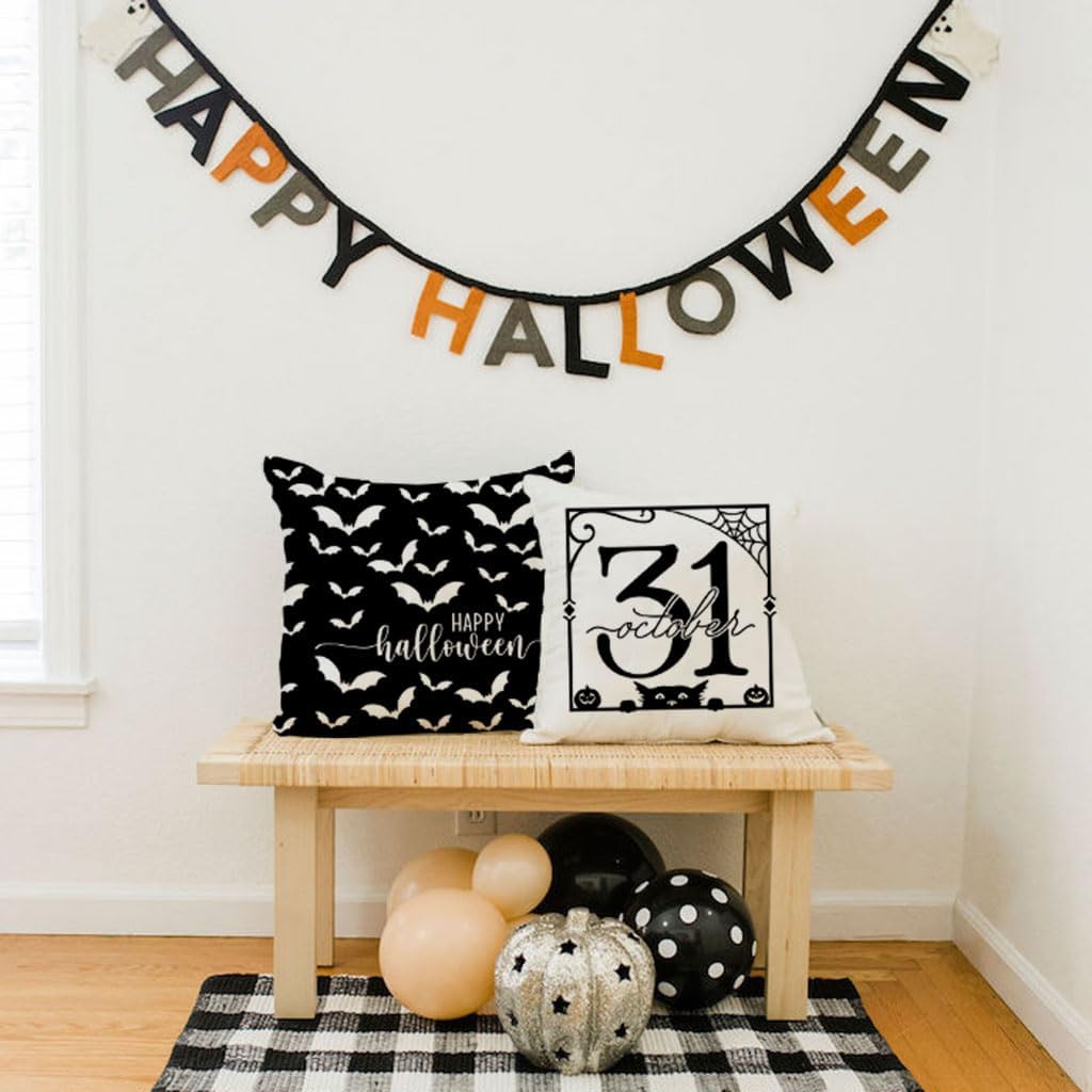 PANDICORN Juego de 4 fundas de almohada de Halloween de 20 x 20 pulgadas, diseño de murciélagos de esqueleto, gato negro, fantasma, decoración de