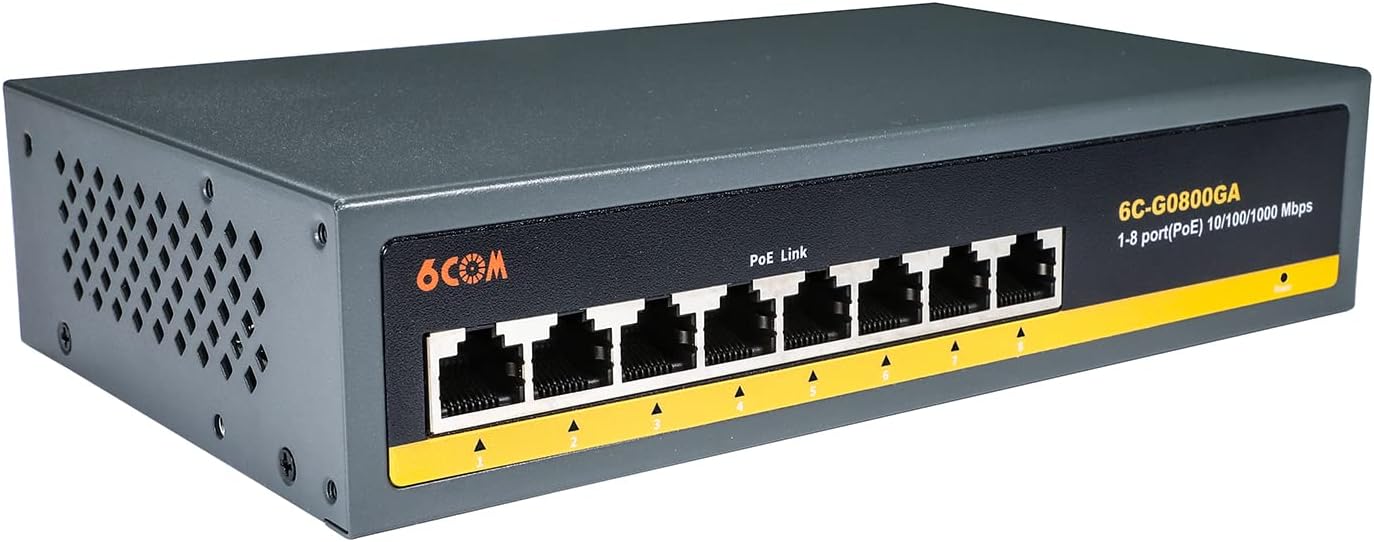 6COM 8 puertos Gigabit PoE Switch, 8 puertos PoE+ 120W 1000Mbps, Plug & Play, 802.3afat, metal sin ventilador no administrado, protección limitada