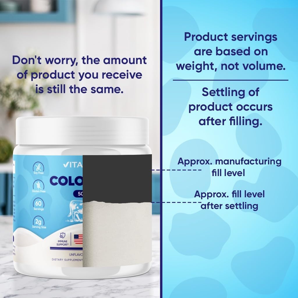 Vitamatic Polvo de calostro bovino  50% más alto de IgG  Suplemento para la salud intestinal, crecimiento del cabello, belleza, recuperación