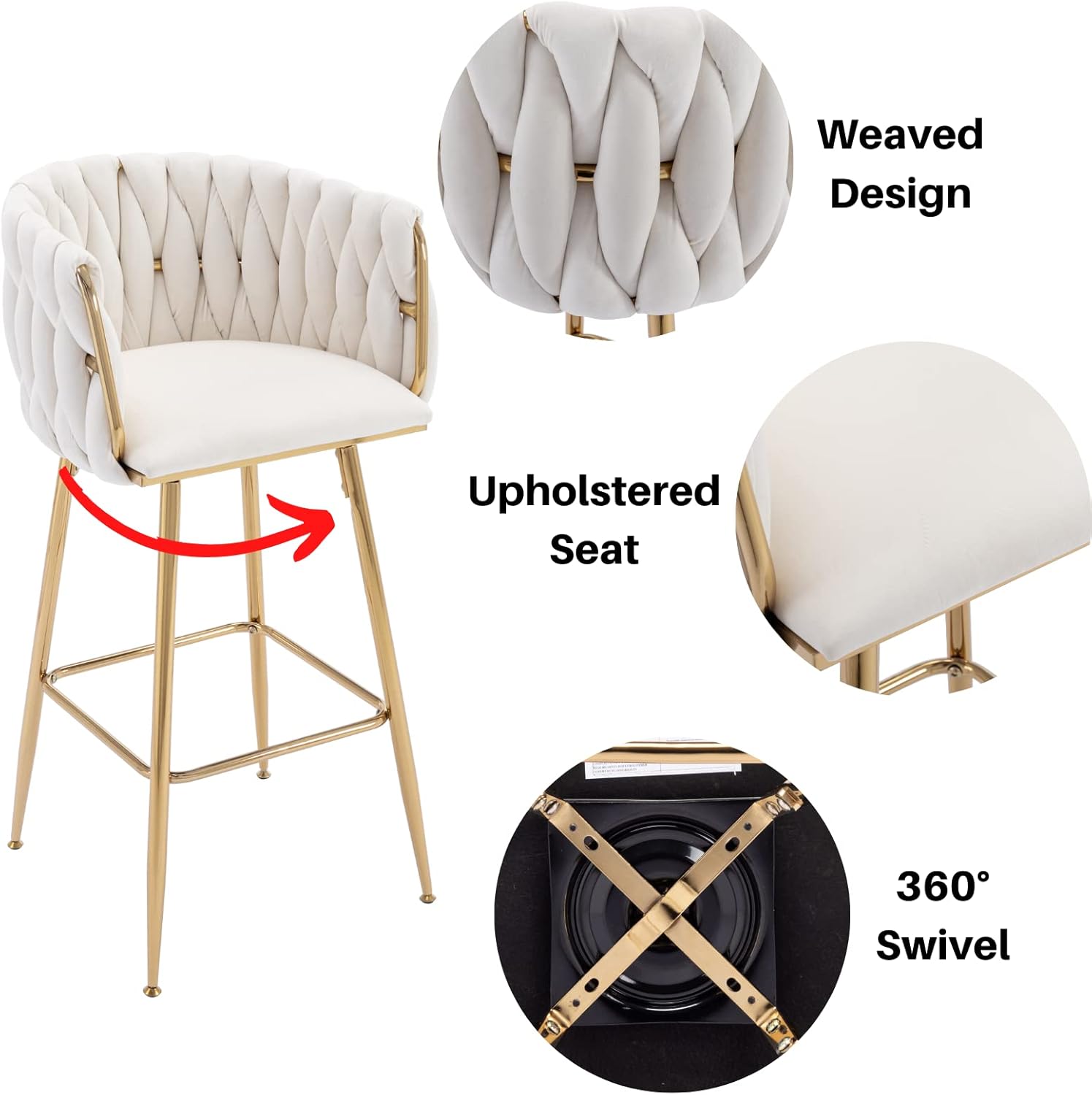 LukeAlon Juego de 2 taburetes modernos de terciopelo para mostrador, giratorios de 360 de 26 pulgadas de altura de asiento bajos con patas doradas,