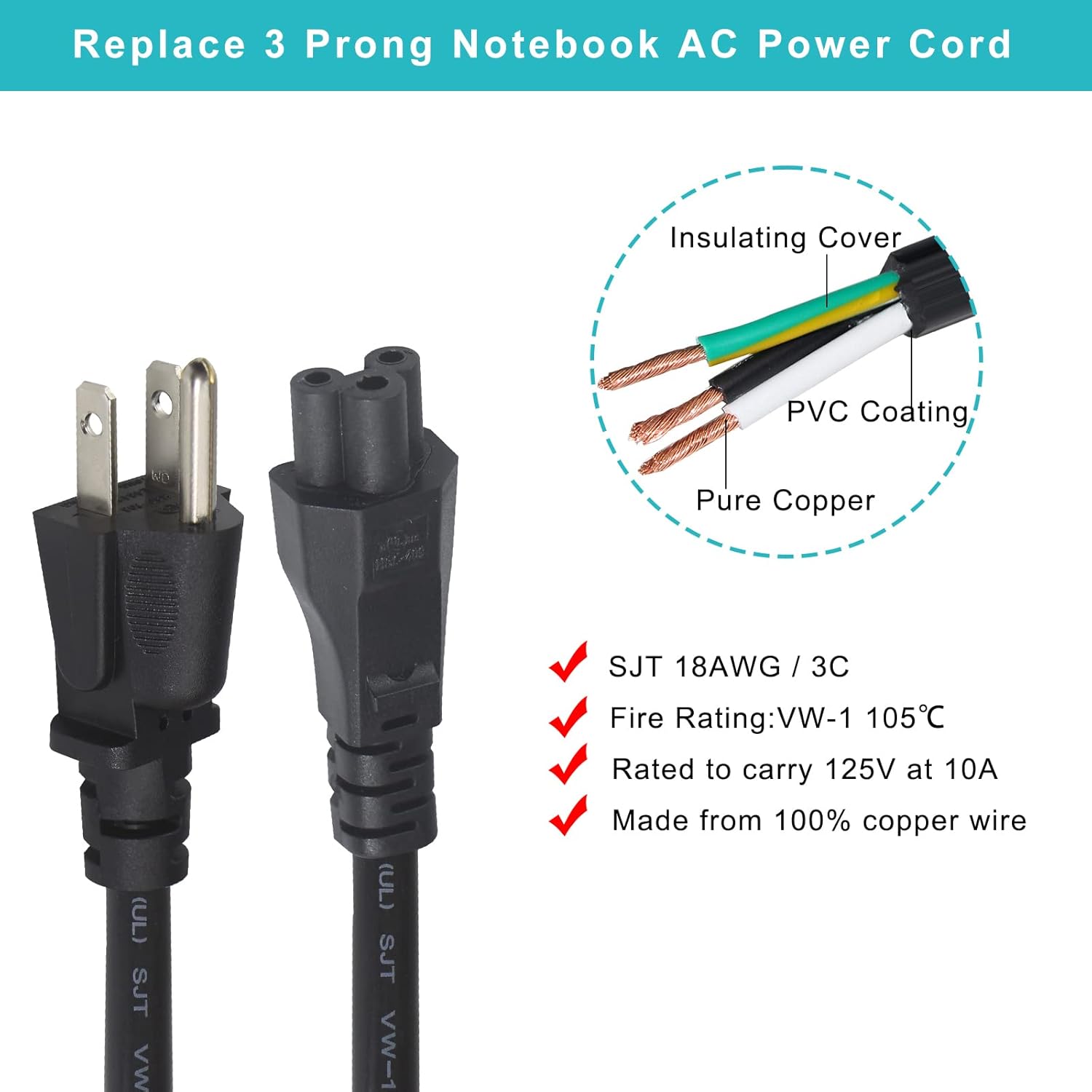 Cable de repuesto para portátil de 3 clavijas de 6 pies  Cable de alimentación de CA de Cloverleaf de 3 clavijas, cable de alimentación de CA