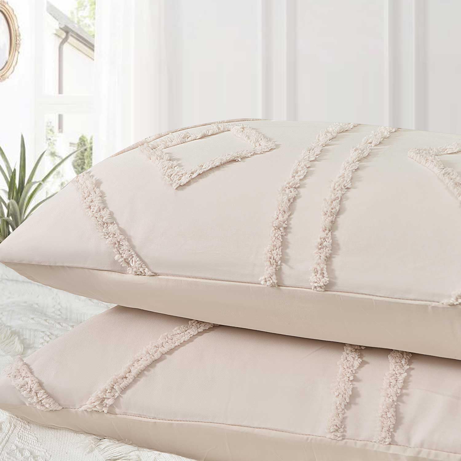 Juego de edredón beige tamaño matrimonial, juego de ropa de cama reversible con textura jacquard geométrico bohemio con textura de plumón