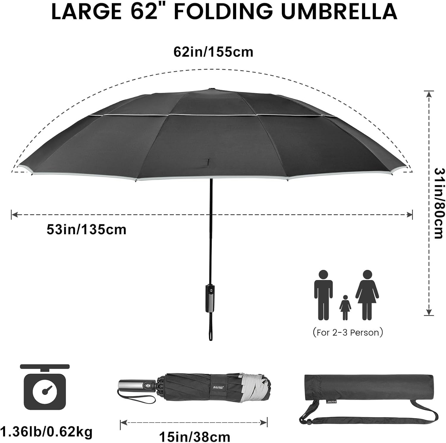 G4Free Paraguas invertido resistente al viento de 62 pulgadas con rayas reflectantes, paraguas grande y compacto de golf para lluvia, 10 varillas,