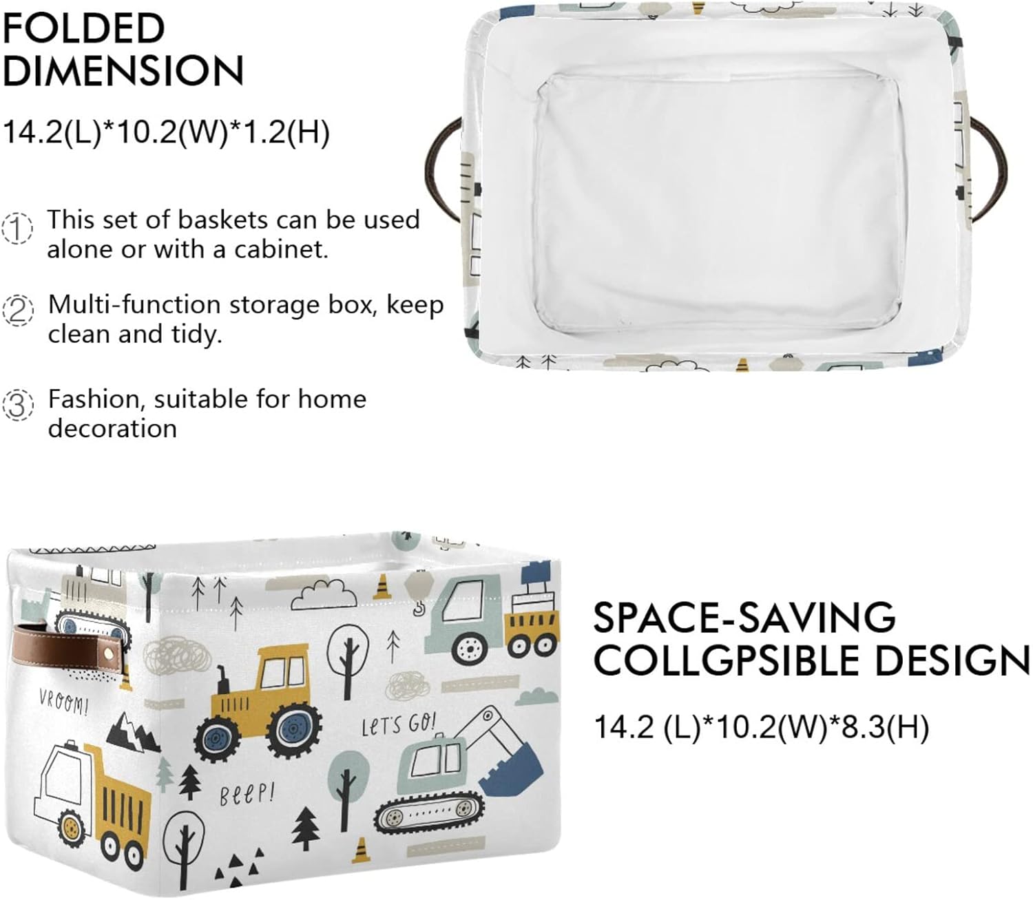 Cute Cars Truck Tractor Large Storage Basket Crane Bulldozer Excavator Nursery Bins Collapsible Clothes Laundry Hamper with Handles for Home Living