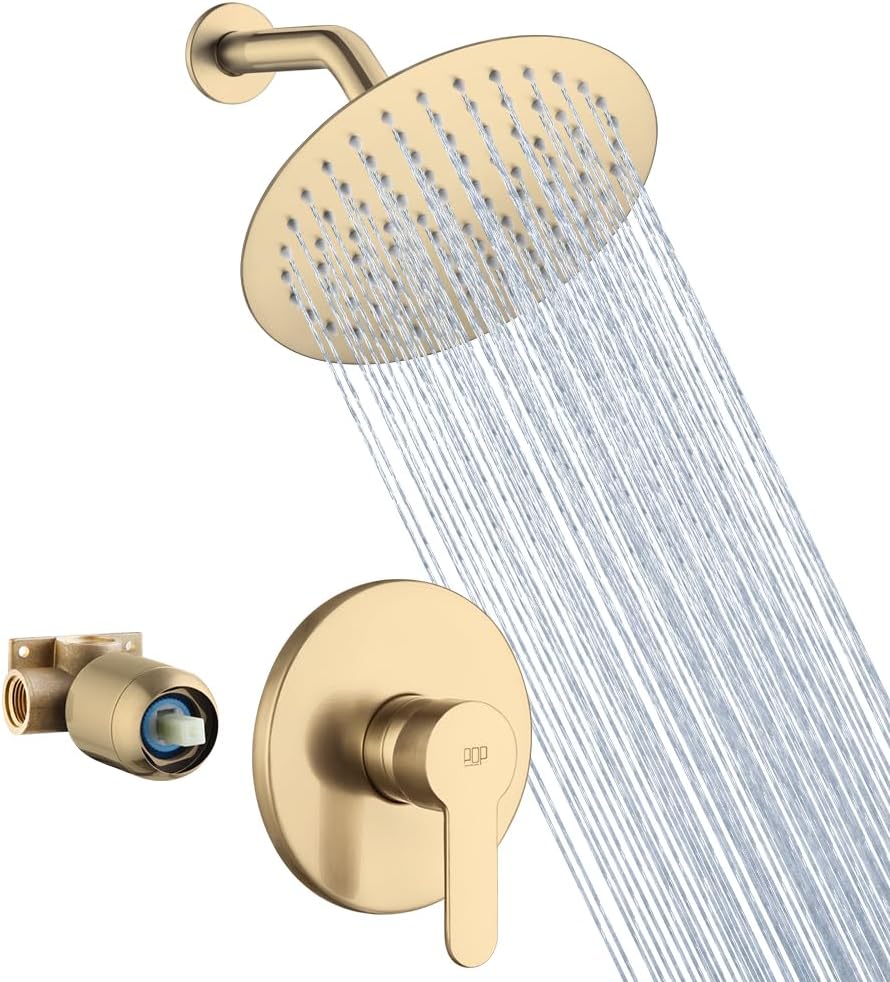 POP SANITARYWARE Juego de grifo de ducha dorado cepillado, mezclador de lluvia, accesorio de ducha montado en la pared, sistema de cabezal de ducha