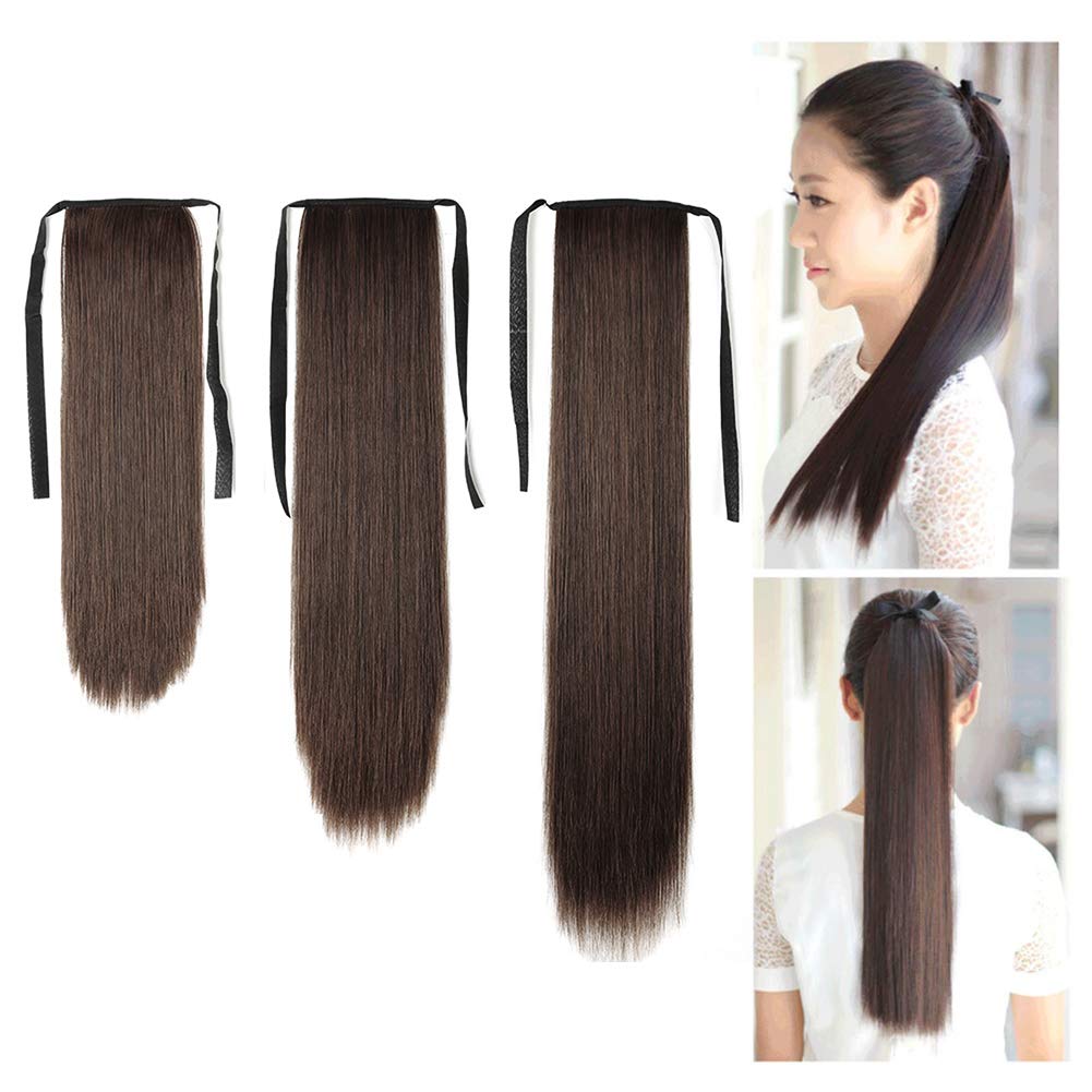 455525.6 in moda mujeres largo recto peluca cola de caballo extensión del pelo Cosplay hairpiece marrón oscuro 25.6 in