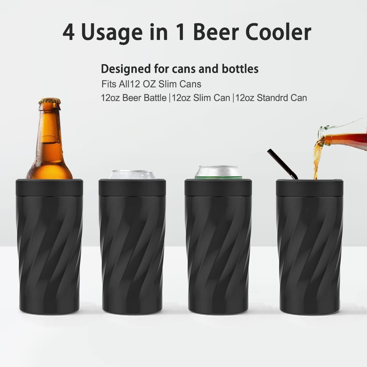 Enfriador de latas de cerveza delgado 4 en 1 para todas las latas de 12 onzas, aislante de latas de acero inoxidable de doble pared que mantiene 8