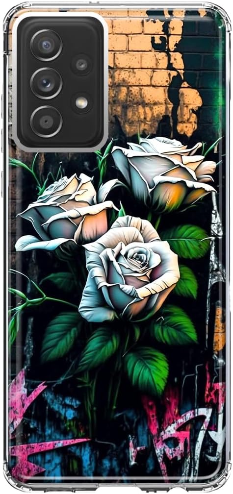 MUNDAZE – Case for Samsung Galaxy A52 Slim Hybrid Shockproof Hard Shell Soft TPU Heavy Duty Protective Phone Cover – White Roses Graffiti Wall Art