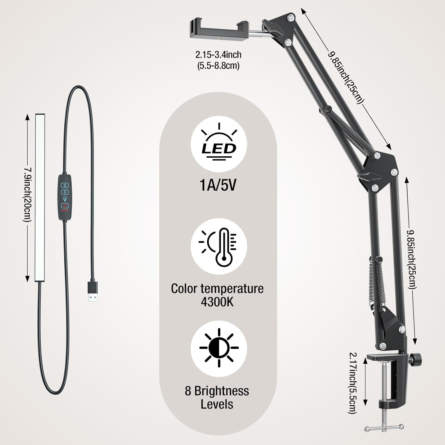Soporte para teléfono celular, brazo articulado con luz LED USB, soporte flexible para transmisión en vivo, grabación de video, dibujo, cocina