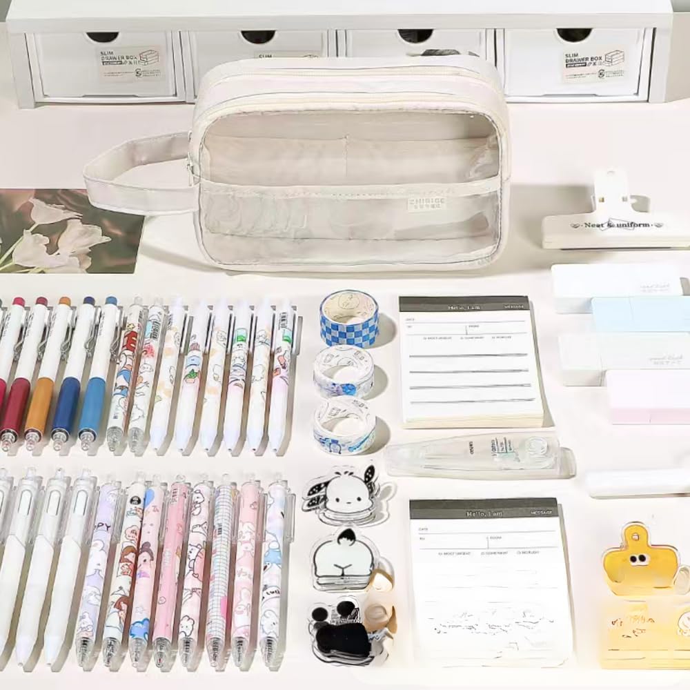 Bolsillos claros Estuche para lápices Estuche cosmético Marcador de pluma Organizador de escritorio Suministros de oficina (blanco)