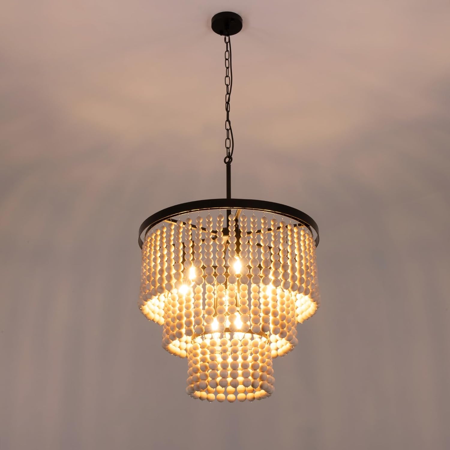 Wellmet Lámpara de araña de granja para comedor, lámpara de araña de cuentas de madera de 24 pulgadas, 9 luces, lámpara de techo bohemia de 3