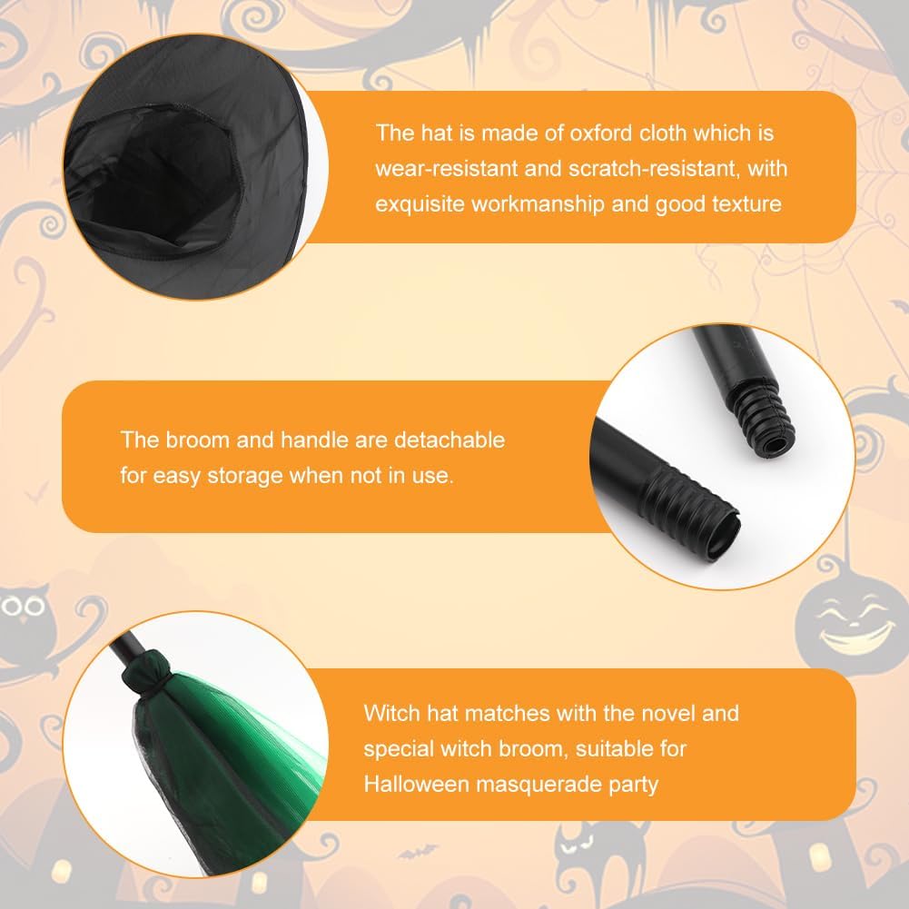 EMVANV Juego de 2 sombreros de escoba de bruja de Halloween, sombreros negros de bruja de Halloween, escobas de bruja de Halloween desmontables,
