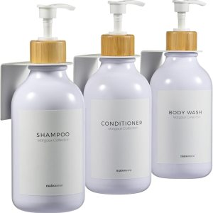MaisoNovo Dispensador de champú y acondicionador 3 de plástico blanco 3 montaje en pared blanco Dispensador de champú con etiquetas Botellas de MaisoNovo Dispensador de champú y acondicionador 3 de plástico blanco 3 montaje en pared blanco Dispensador de champú con etiquetas Botellas de