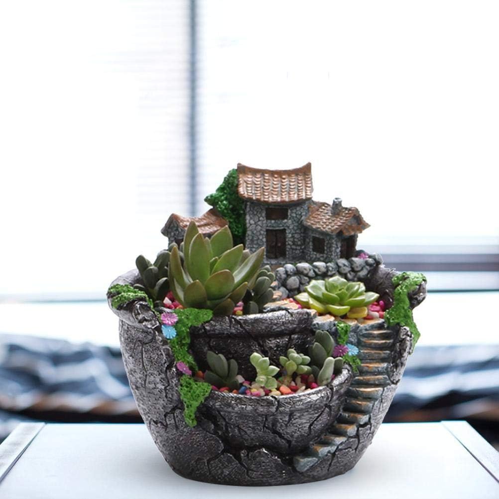 Plantas de jardín creativas maceta suculenta casa de hadas con dulce casa de flores cesta de flores para el hogar, oficina, balcón decoración adornos