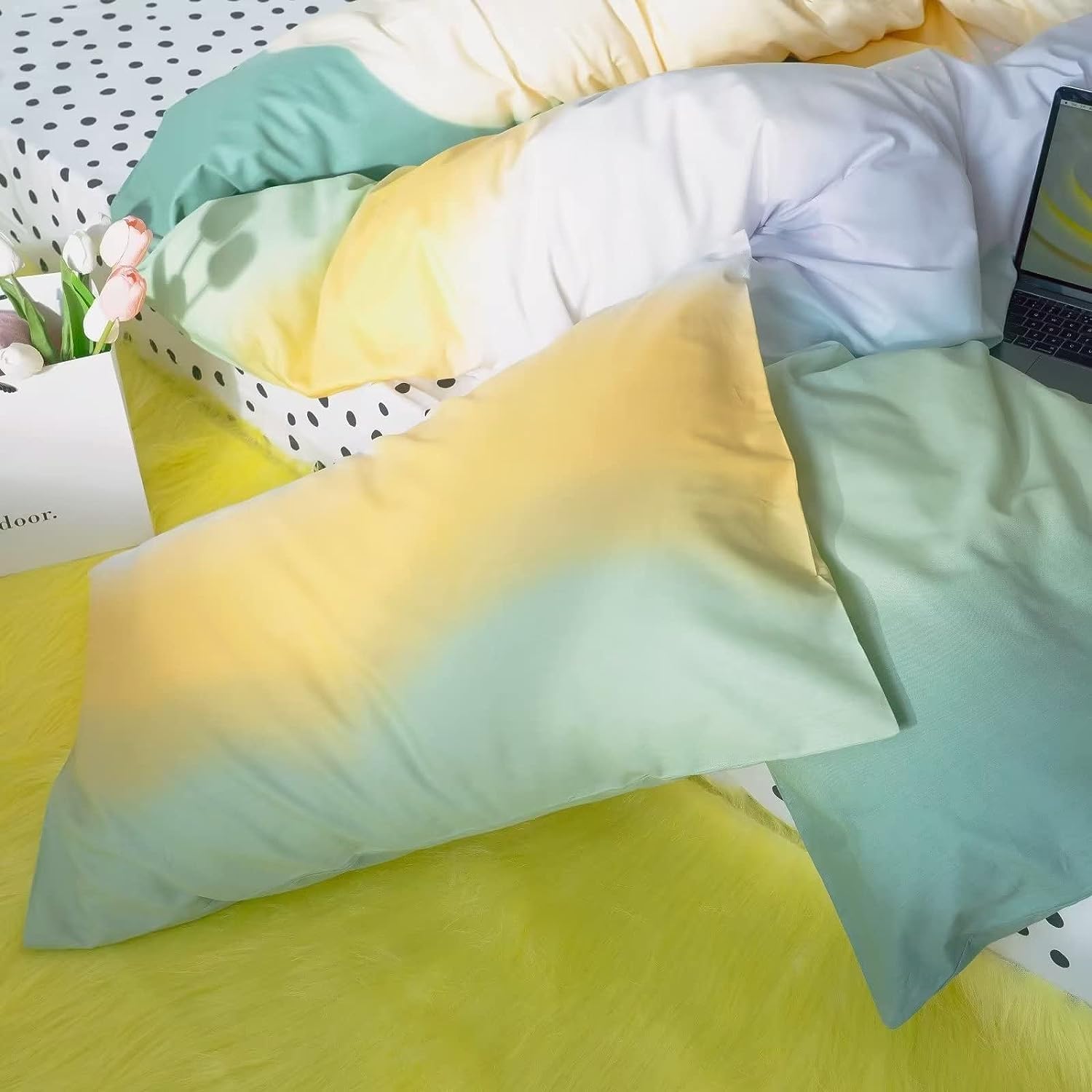 Juego de edredón verde degradado, tamaño Queen, color verde salvia y amarillo, juego de ropa de cama multicolor, amarillo y verde claro, juego de