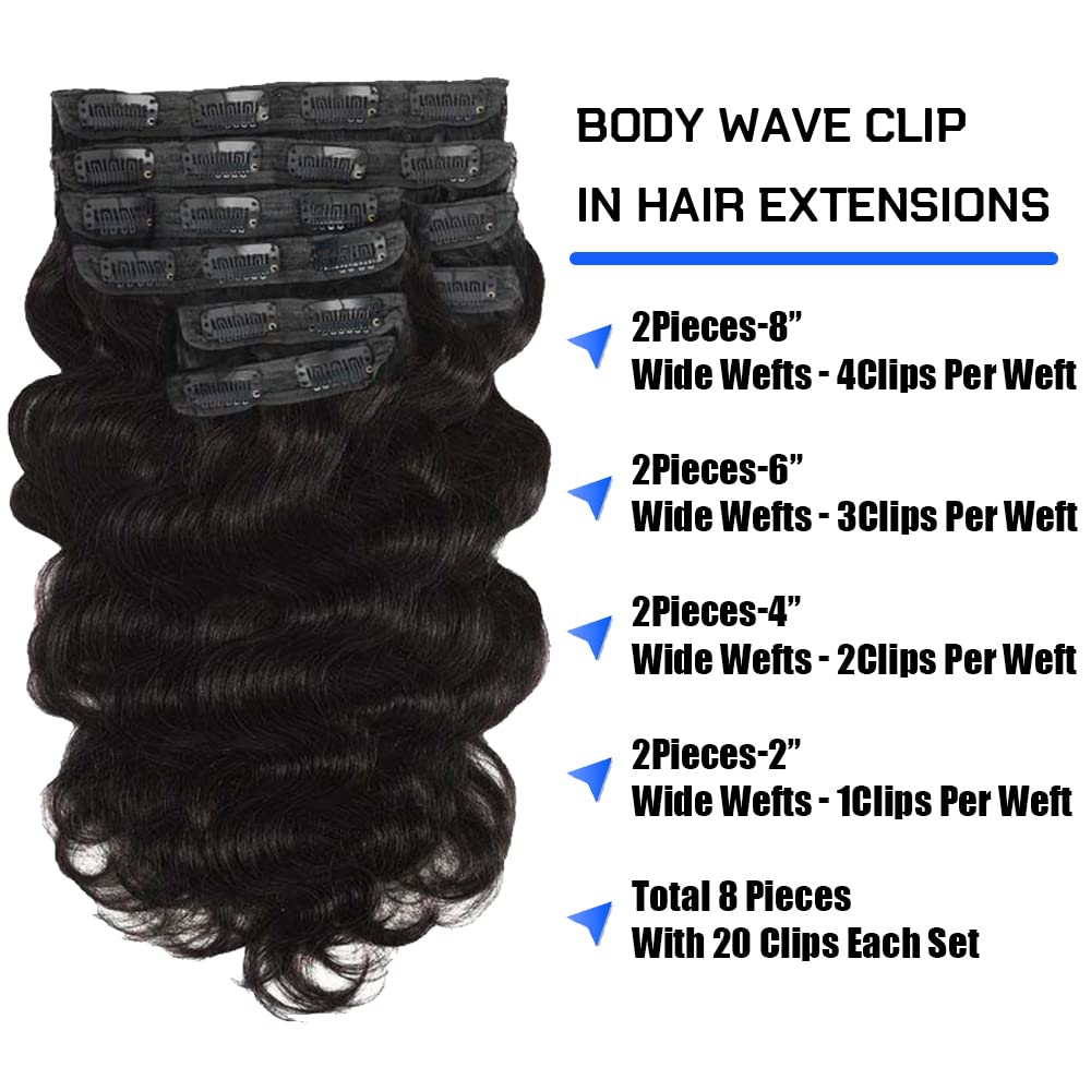 Extensiones de cabello humano ondulado con clip, de 20 pulgadas, para mujeres negras, doble trama, cabeza completa, 8 piezas con 20 clips, color