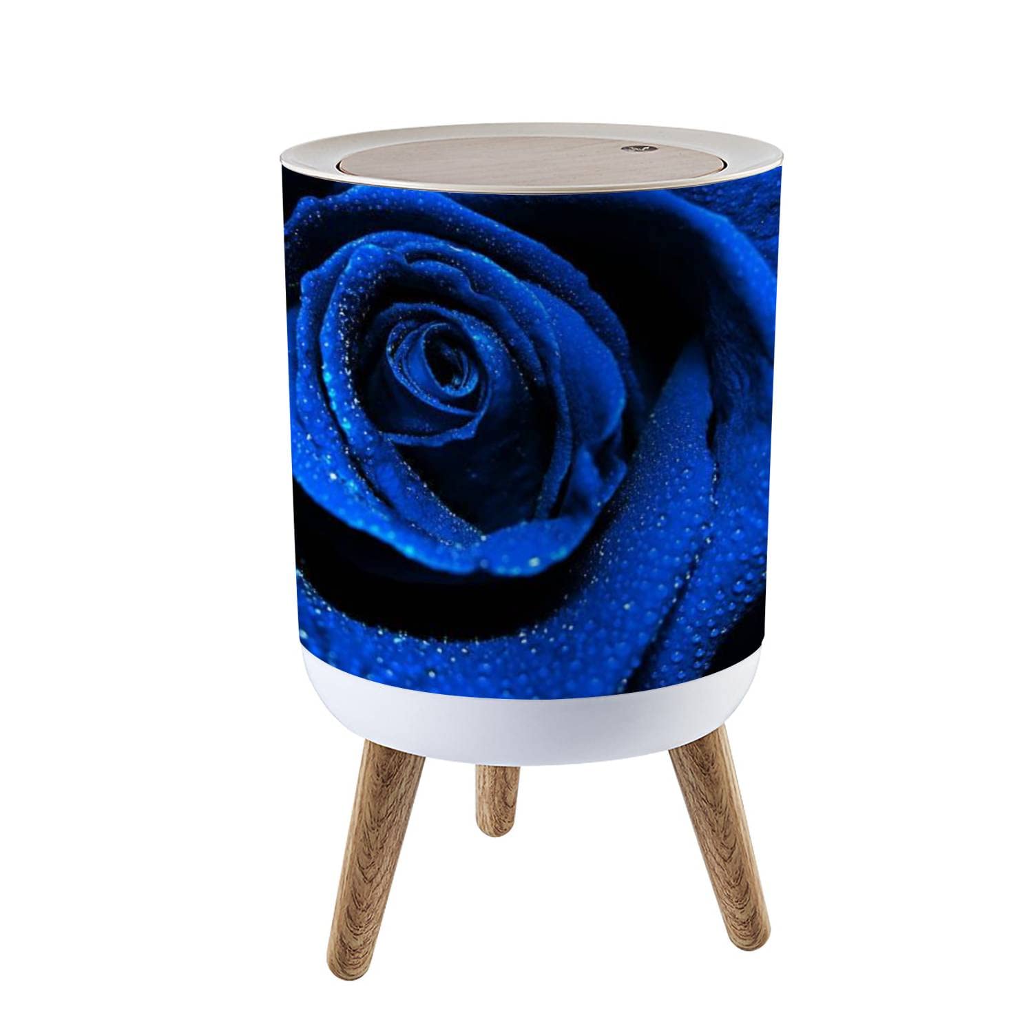 Bote de basura pequeño botánico romántico con tapa, color azul oscuro, gotas de rocío de agua de rosas, cubo de basura redondo, cubierta de prensa