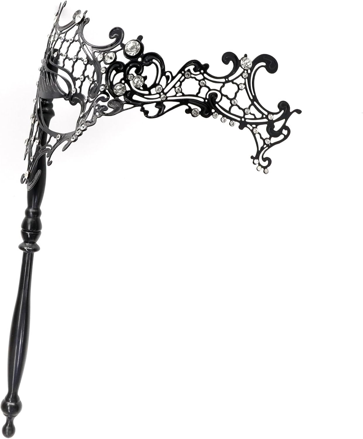Thmyo Máscara veneciana de fiesta de Mardi Gras de Halloween con palo de sujeción, máscara de mano con plumas de metal y diamantes de imitación