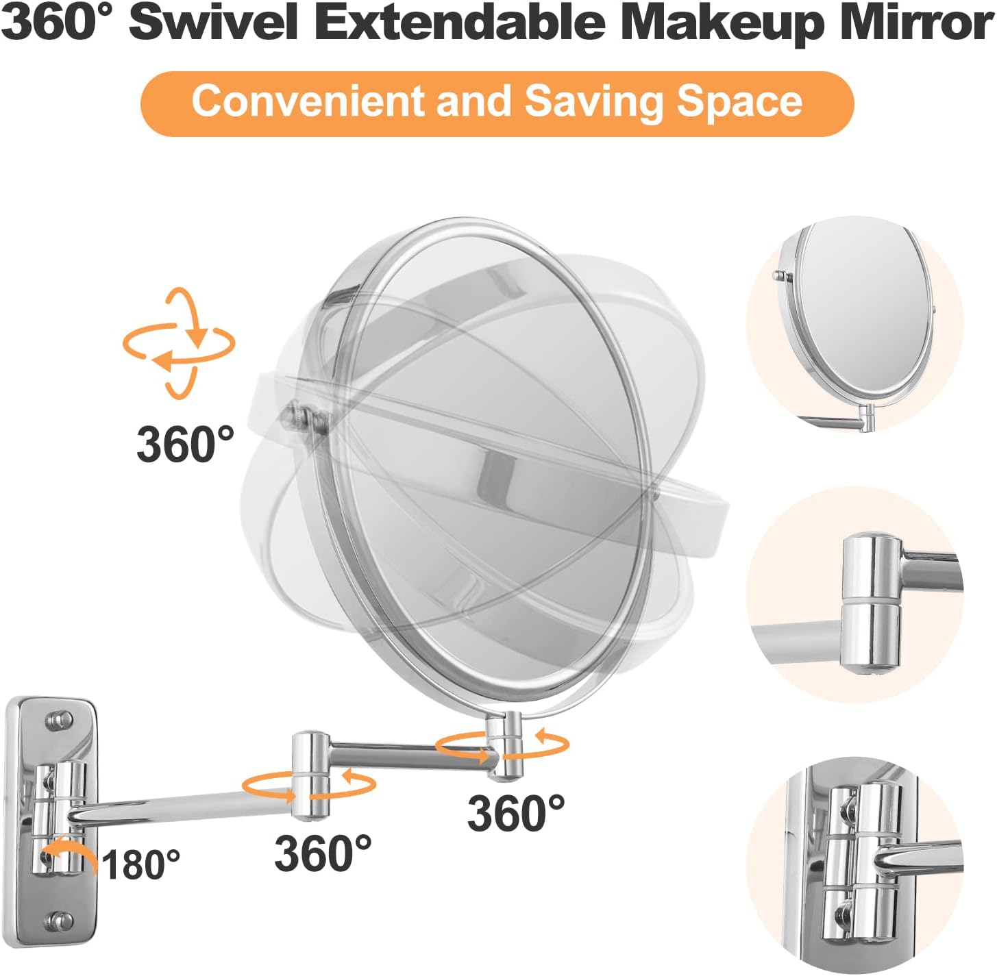 Espejo de aumento de montaje en pared de 8 pulgadas, espejo de maquillaje de doble cara 1X10X, espejo extensible giratorio 360 para baño, cromado